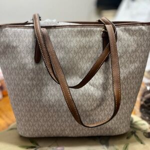 Michael Kors Beige MK Logo Tote with Brown Leather Straps